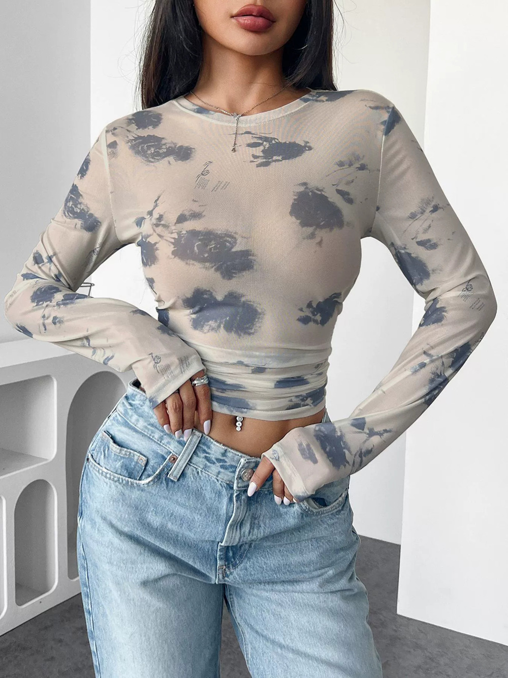 ZARA Spring Summer Womens Floral Mesh Print Ruffled Side Crop Top